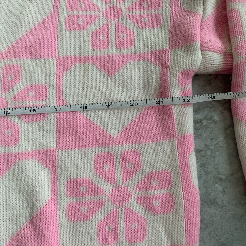 Pink White Block Heart Flower Vintage Cardigan Block Pattern Chest 44 - Picture 7 of 9